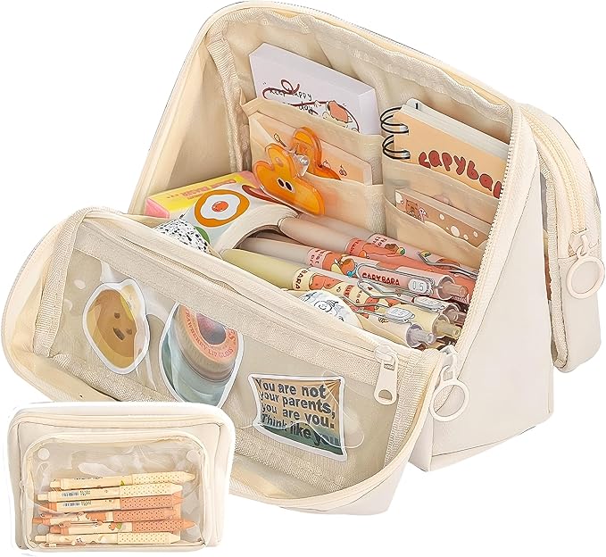 Large Pencil Pouch Big Pencil Case Big Capacity Aesthetic Pen Cosmetic Bag Pen Stationery Organizer Simple, College Office Home Travel Storage Bag (Beige)