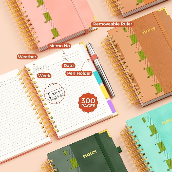 XYark A5 Hardcover Spiral Notebook, 6.3"x8.5" College Ruled Notebooks with Removable Dividers Tabs & Ruler, 5 Subject Notebook 300 Pages, Small Lined Journal for Women Men School Work Office, Orange