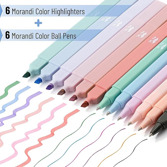 Mr. Pen- Aesthetic Highlighters and Ballpoint Pens No Bleed, 12 Pack, Morandi Colors, Bible Highlighters and Pens No Bleed, Fast Dry and No Smear for Bible Journaling, Planner, School Supplies