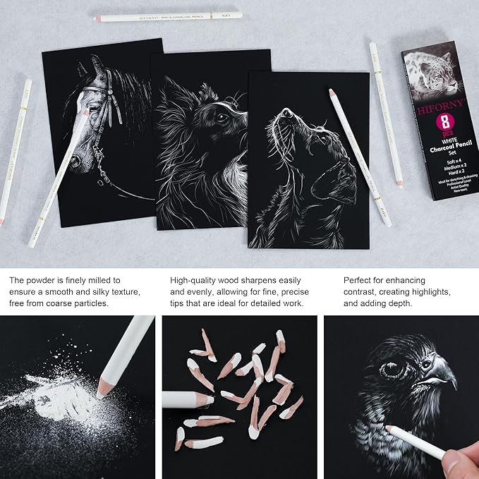 HIFORNY 8 Pieces White Charcoal Pencils Drawing Set for Drawing, Sketching, Shading, Blending - Chalk Pencils for Beginners & Artists