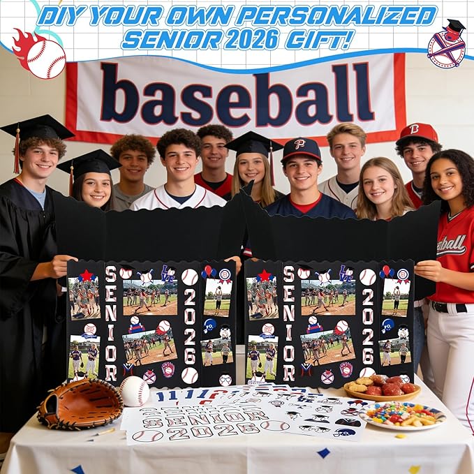 Resurhang 4 Set 24''x16'' Baseball Senior Night Gifts Senior 2026 Trifold Poster Board Photo Display Board with 12 Sheet Sports Themed Stickers for Graduation Picture Frame Sport Theme Party Supplies