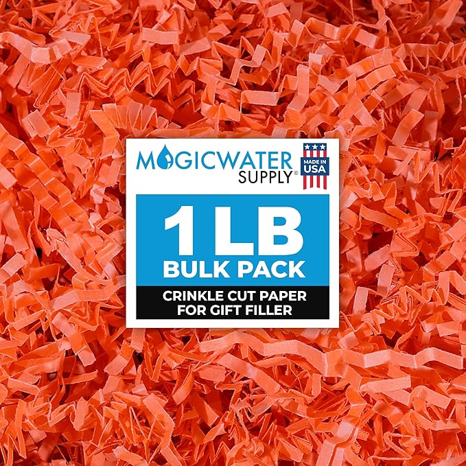 MagicWater Crinkle Cut Paper for Gift Baskets - 1LB - Orange - Perfect for Shredded Paper Filler, Basket Filler, Gift Boxes, Bridesmaid Gifts, Halloween Stuffers & More – Ideal for All Occasions