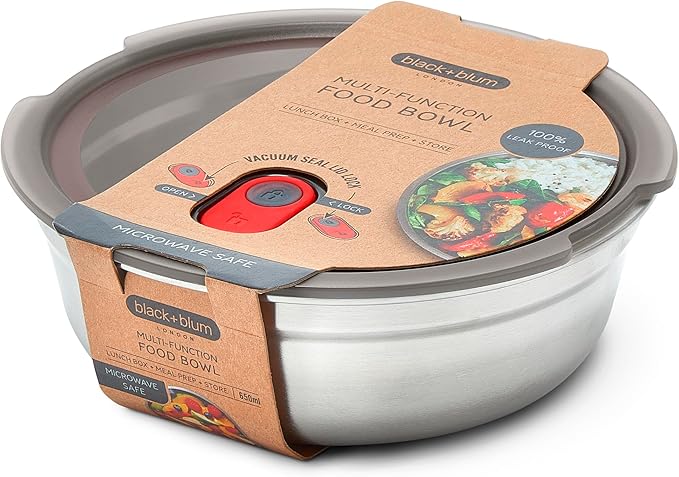 BLACK + BLUM Lunch Bowl - Reusable Meal Prep Containers for Picnic & Camping - Microwavable Stainless Steel Lunch & Dinner Food Storage Box with Leak Proof Lid - Dishwasher & Oven Safe - 650ml