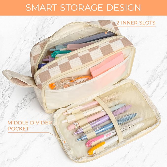 WOBAGMEN Cute Pencil Case,Large Corduroy Zippered Pencil Case Pouch, aesthetic Pencil Bag with Compartments, Pencil Pouch School Supplies (HY-corduroy pc-checked)