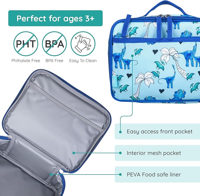 Wildkin JumpOff Jo Insulated Lunch Box – Keeps Food Hot or Cold, BPA-Free with Mesh Pockets & Easy-Clean Lining – Ideal for School, Travel & Daycare - Blue Dino