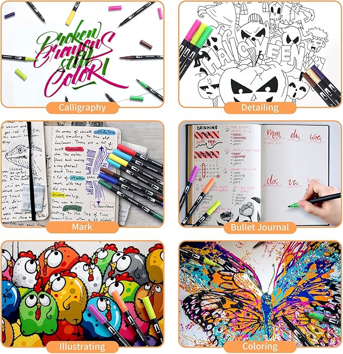 Peablce Art Markers Brush Pen, Markers for Adult Coloring Books No Bleeding,32 Colored Pens Fine Point Highlighter Pen & Brush for Adult Coloring Journaling Note Taking Planner
