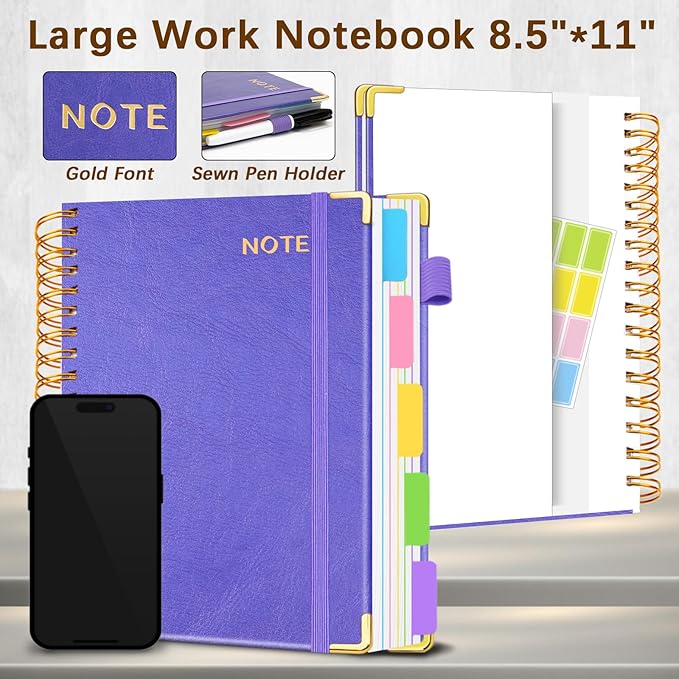 Hardcover Spiral Notebooks for Work 8.5''x 11'', 300 Pages 5 Subject Notebook with Dividers & Tabs, A4 Spiral Journal for Women, College Ruled Notebooks for School Note-Taking (Purple)
