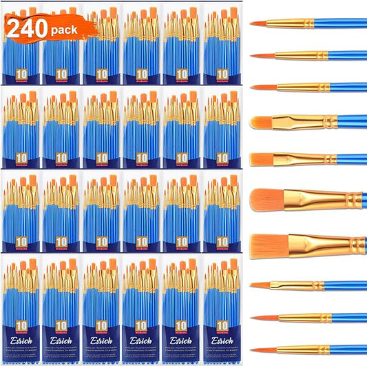 ESRICH Acrylic Paint Brush Set, 24Pack/240Pcs Paint Brushes, Nylon Brush Head for Oil Paint Brush Supplies, Kid Adult Watercolor Painting Arts and Craft Paint Brush Kit (Blue)
