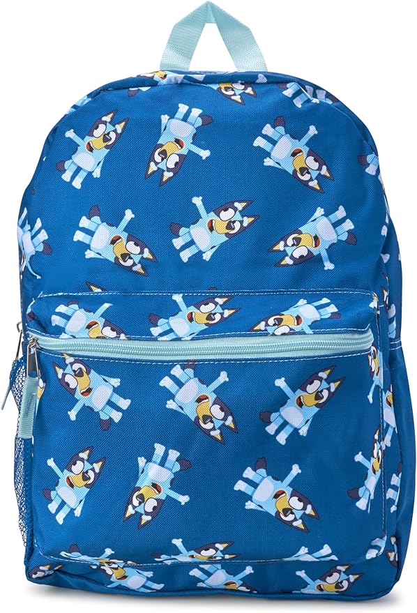 Fast Forward Bluey Kids Backpack - 16 Inch Bookbag Elementary Backpack for School Girls & Boys with Adjustable Padded Straps, Bluey Blue/Aop