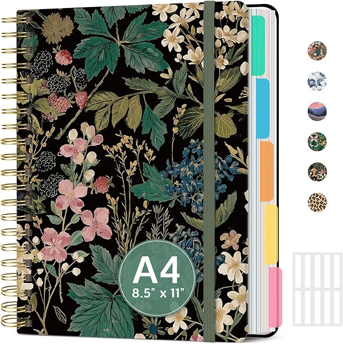 Large Spiral Notebook with Dividers & Tabs, 8.5" x 11" Hardcover 5 Subject Notebook for Work, 280 pages, College Ruled, Cute Journal for Women, Perfect for Study & Office Note Taking, Forest Botanica