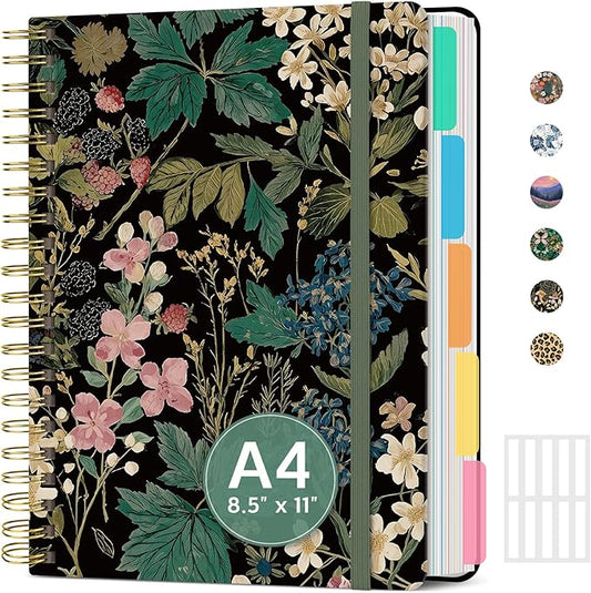 Large Spiral Notebook with Dividers & Tabs, 8.5" x 11" Hardcover 5 Subject Notebook for Work, 280 pages, College Ruled, Cute Journal for Women, Perfect for Study & Office Note Taking, Forest Botanica