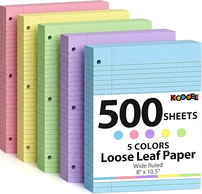 Koogel 500 Sheets Colored Filler Paper, 5 Colors 8 x 10-1/2 Inch Wide Ruled, 3-Hole Punched, Loose Leaf Notebook Paper for 3 Ring Binders, for Students & Office, School Supplies