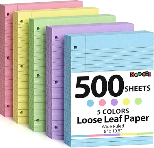 Koogel 500 Sheets Colored Filler Paper, 5 Colors 8 x 10-1/2 Inch Wide Ruled, 3-Hole Punched, Loose Leaf Notebook Paper for 3 Ring Binders, for Students & Office, School Supplies
