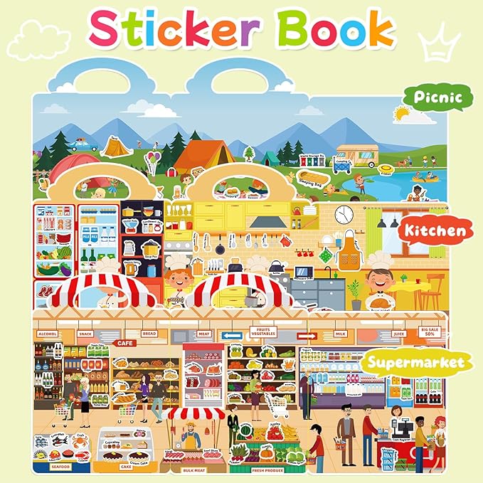 3 Sets Reusable Sticker Book for Toddlers 3-6, Jelly Sticker Books for Toddler, Travel Sticker Activity Toys for Kids 3 4 5 6 Years Old Girls & Boys（Supermarket + Picnic + Kitchen）