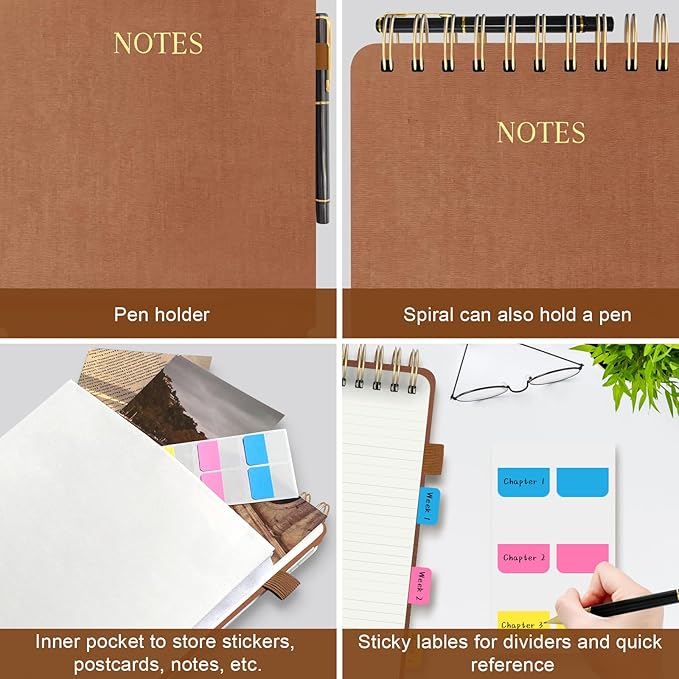 Aesthetic Top Spiral Notebook, A5 Linen Hardcover Top Bound Steno Pads, 240 Pages 100gsm Thick Lined Paper Left Handed Notebook Journal for Work, School, Church Writing - Brown, 5.9" x 8.5"