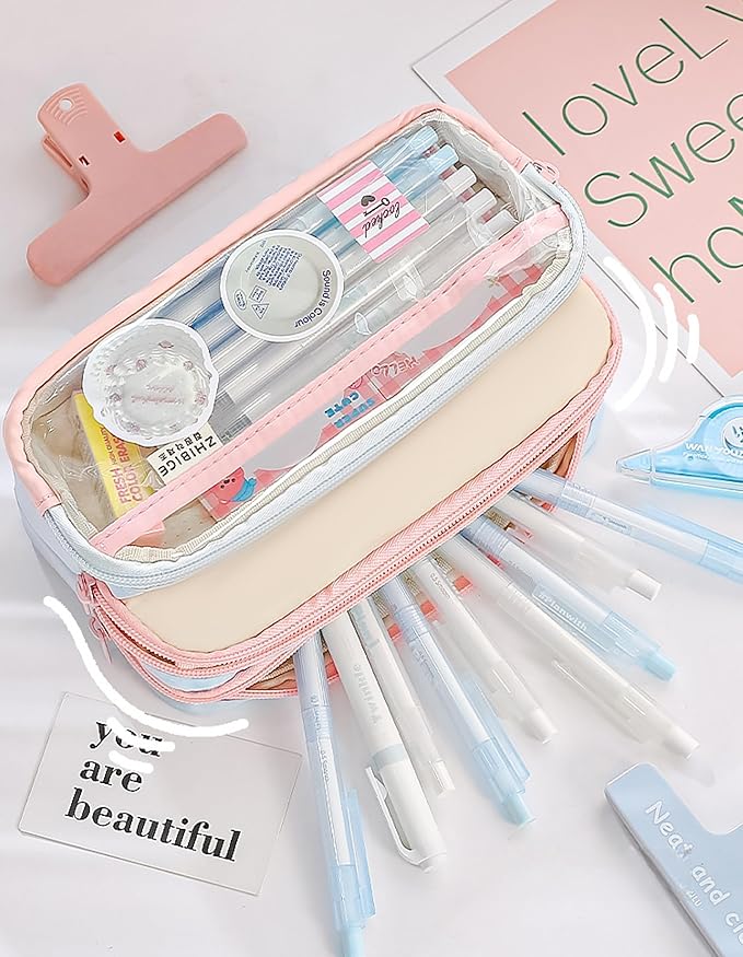 4-Layer Transparent Large Capacity Pencil Case - Ins Aesthetic Japanese Style Makeup & Supplies Organizer Pouch (Orange)