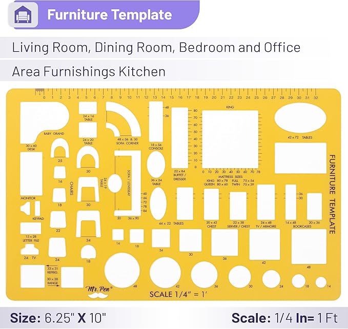 Mr. Pen- House Plan, 3 pcs, Interior Design and Furniture Templates, Clear Flexible Plastic, Drafting Tools, Ruler Shapes for Architecture, 1/4 Inch Scale, Kitchen, Bath, Bedroom, Office, Living Room