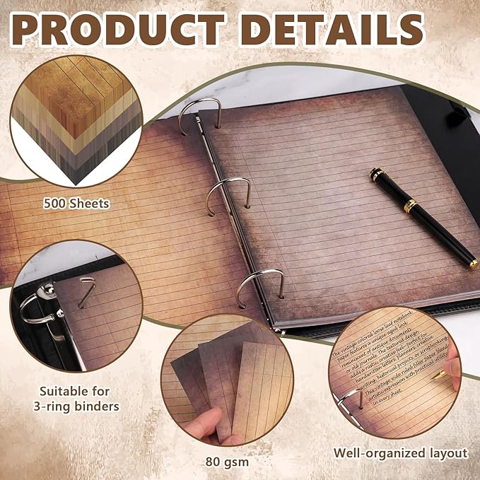 500 Sheets 8×10.5 Inch Colored Filler Paper Wide Ruled for 3-Ring Binder 11/32" Spacing Vintage Lined Filler Notebook Paper Wide Ruled Loose Leaf Paper 3-Hole Punched 80gsm for School Office