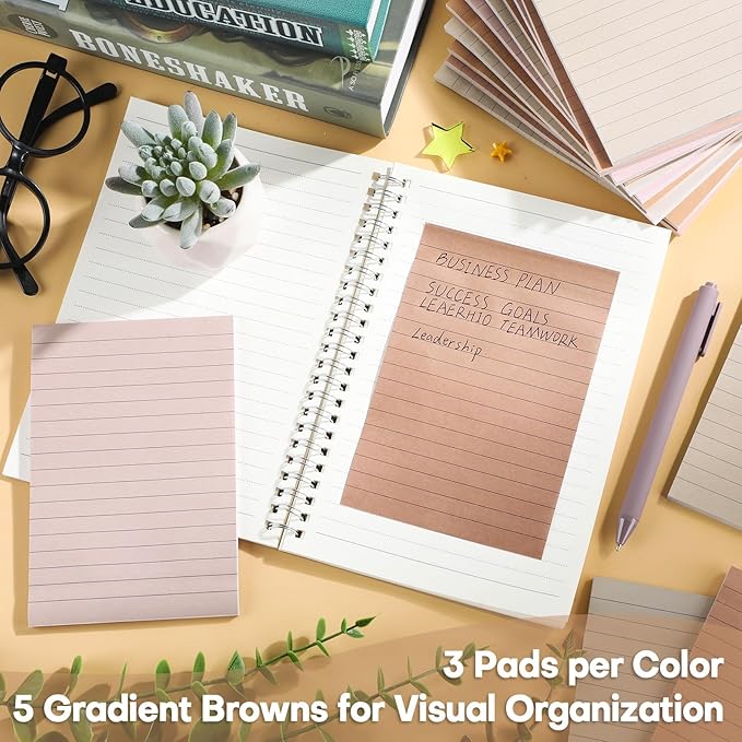 Wiooffen 15 Pads Brown Color Sticky Notes with Lined 4x6in Ruled Self Stick Note Pad Boho Super Sticking Power Memo Pad Vintage Aesthetic School Office Meeting Supplies Accessories 40 Sheets/pad 4x6in