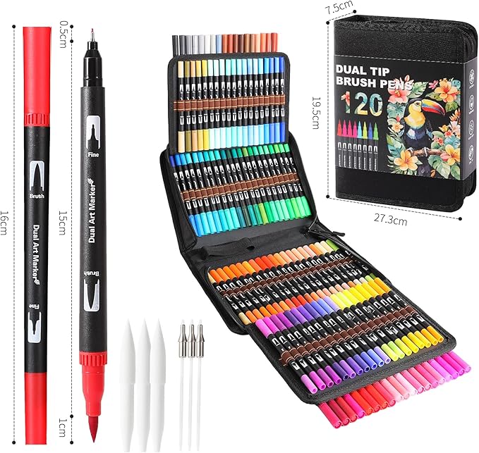 TOSHARE Art Markers Pens Dual Tip Coloring Markers Set with Brush & Fine Nib for Adult Coloring Book Brush Pens Professional Calligraphy & Drawing Art Supplies Kit for Adults (120 Colors)