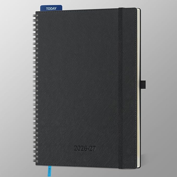 Planner 2026-2027 Daily Weekly and Monthly,11.5"x8.5",18 Months Spiral Bound Calendar Agenda with Self-adhesive Pen Holder,2026 Academic Plan with Vegan Leather Soft Cover,Black