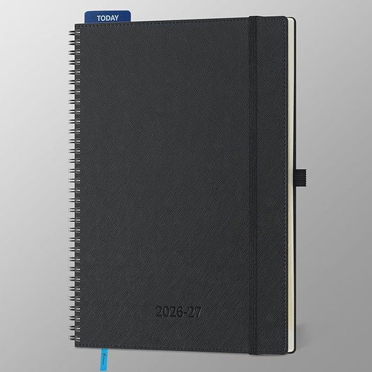 Planner 2026-2027 Daily Weekly and Monthly,11.5"x8.5",18 Months Spiral Bound Calendar Agenda with Self-adhesive Pen Holder,2026 Academic Plan with Vegan Leather Soft Cover,Black