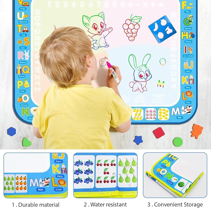 BlissfulBlend Water Doodle Mat Kids Mess Free Coloring Doodle Mat Educational Toys for 3 4 5 6 7 8 Years Old with Magic Pens Educational Toys Toddler Boys Girls Christmas Birthday Holiday Present