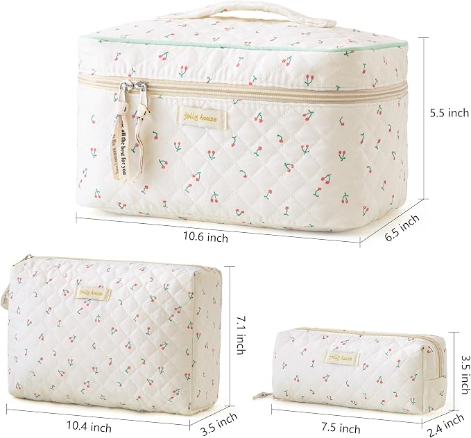 HBselect Quilted Makeup Bag, 3Pcs Cotton Large Travel Makeup Bags Organizer | Cute Floral Make up Bag Cosmetic Bag Toiletry Bag for Women Girls, Makeup Pouch for Skincare, Brushes & Travel Essentials