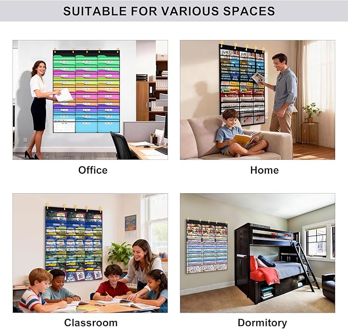 ABCxGOOD 30 Pockets Hanging Wall File Organizer, Transparent Clear Pockets Storage Chart with Over Door Hooks for Office, Classroom & Home, File Folder & Paper Organizer, Includes Labels (30 Pockets)