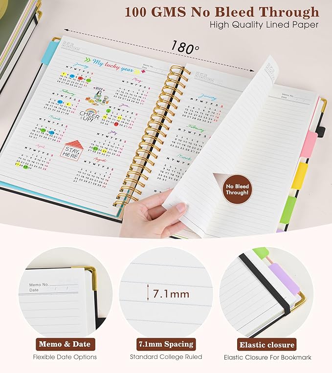 Hardcover Large Spiral Notebook journal with Removable Dividers Tabs, 300 pages Leather 5 Subject Notebook College Ruled, 8" x 10"Journal for Women Men, Notebooks for Work School Note taking,B5 Black