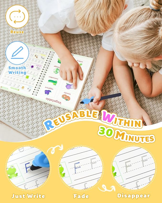 Magic Practice Copybook, Reusable Writing Practice Book, Handwriting Aid for Preschool Kids Age 3-8 (4 Books with Pens)