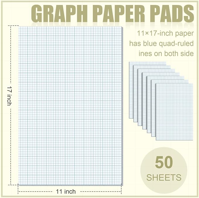 Ctosree 6 Pack 11" x 17"graph Paper Pads, 4×4 Quad Ruled, 50 Sheets/100 Pages Graph Paper Pad for Engineer Architect Designer Mathematician Draftsman