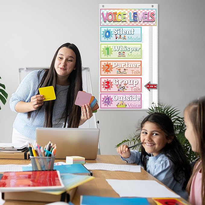 Voice Level Pocket Chart for Classroom - White Voice Level Classroom Decorations with 8 Cards for Preschool Classroom Must Haves Supplies