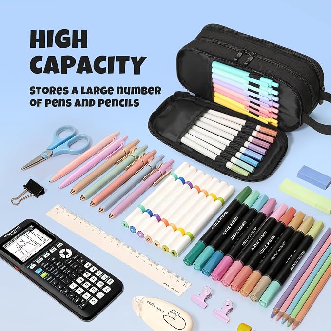 SUNEE Large Capacity Pencil Case with 3 Compartment, Extra Big Pencil Pouch, Pencil Bag with Clear Window, Pen Case School Supplies for Teens Adults Girls Boys, Black