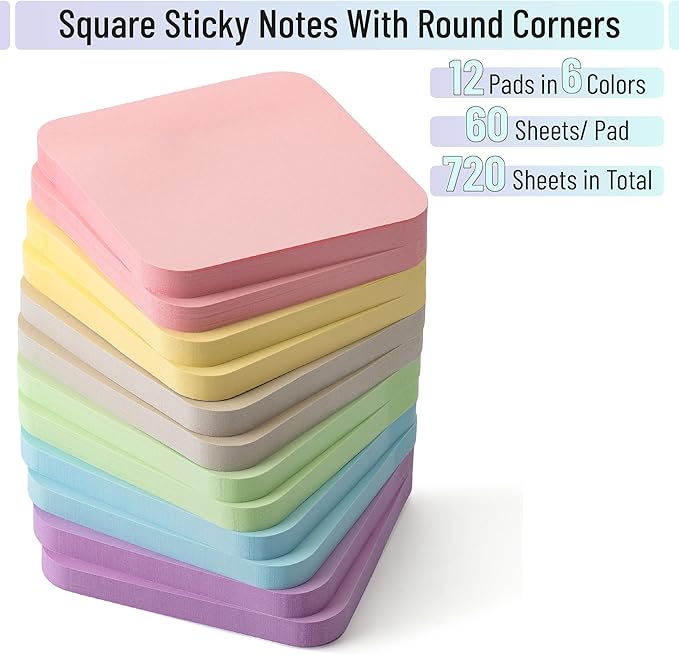 Mr. Pen- Sticky Notes, 2.8"x2.8", 12 Pads, 720 Sheets, Pastel Color, Round Corner Sticky Notes Bulk, Self-Stick Note Pads, Perfect for Office, School, Home, Study & Organization