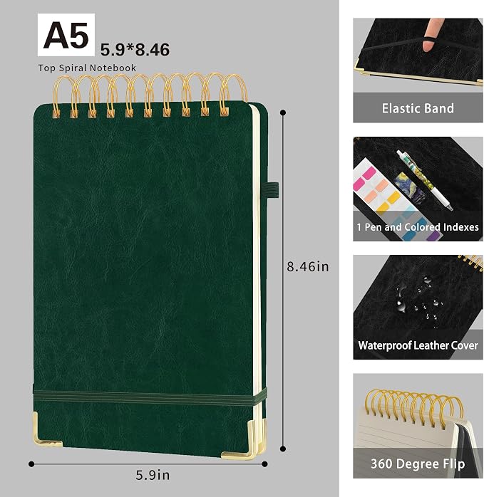 Steno Pads A5 Top Spiral Notebook,Leather Hardcover Top Bound Steno Pads, 240 Pages 100 gsm Thick Lined Paper Left Handed Notebook Journal for School,Work,Meeting Writing, Green