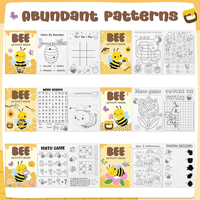 JAPBOR Bee Activity Coloring Books - 24PCS Mini Honeybees Color Activities Book Bulk for Party Favor, Spring Summer Honey Bees Small DIY Colouring Pages for Birthday Gifts Class Draw Painting Game