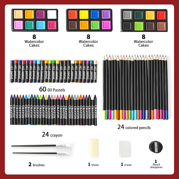 GOTIDEAL 143 Piece Kids Coloring Set,Arts and Crafts Kits with 3 Drawing Pads,Waterclolr Paints,Crayons,Colored Pencils,Paint Set in Wooden Case,Professional Art Kit Gift,Kids,Teens,Beginners（Auburn）