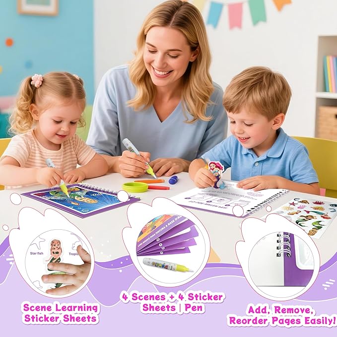 Reusable Water Coloring Books for Toddlers 1-3 with 18+ Stickers & No-Mess Pen, Mermaid Theme Water Coloring Books for Toddlers 1-3, Magic Paintless Painting Book for Toddler, Paintless Painting Book