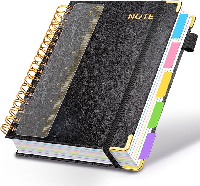 Hardcover Spiral Notebooks for Work 6.2"x 8.2", 300 Pages 5 Subject Notebook with Dividers & Tabs, A5 Spiral Journal for Women, College Ruled Notebook for School Note-Taking (Black)