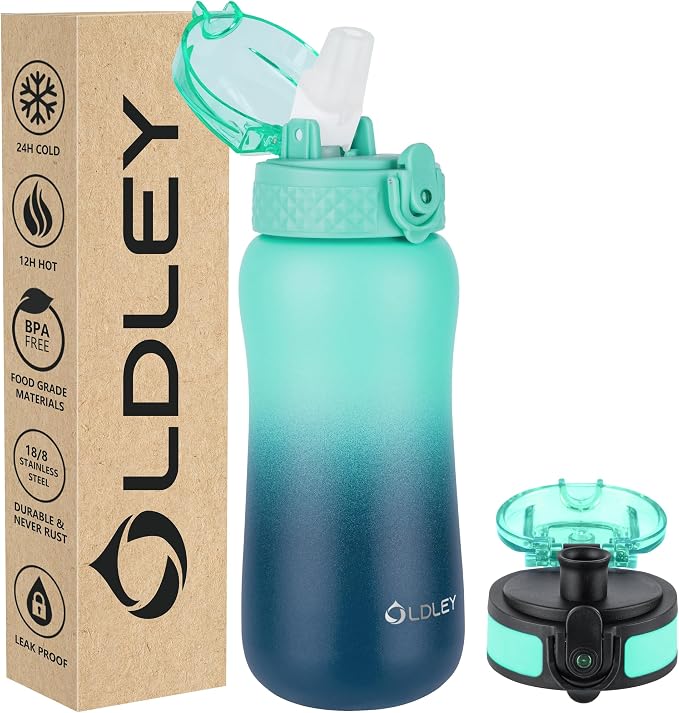 Oldley Insulated Water Bottle 12oz Kids Water Bottles with Straw, Stainless Steel Water Bottle with 2 Lids,Double Wall Vacuum Bottle, Leak-Proof Sport Bottles for School Travel, Caribbean Blue