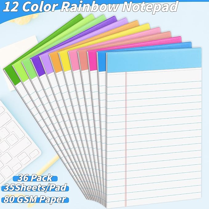 36 Pack Legal Pads Bulk, 5x8 Inch Rainbow Notepad, Note Pads Wide Ruled Perforated Memo Pad for Work Study Daily Note Taking List, Lined Writing Pads Memo Refills Notepads for Office Home School