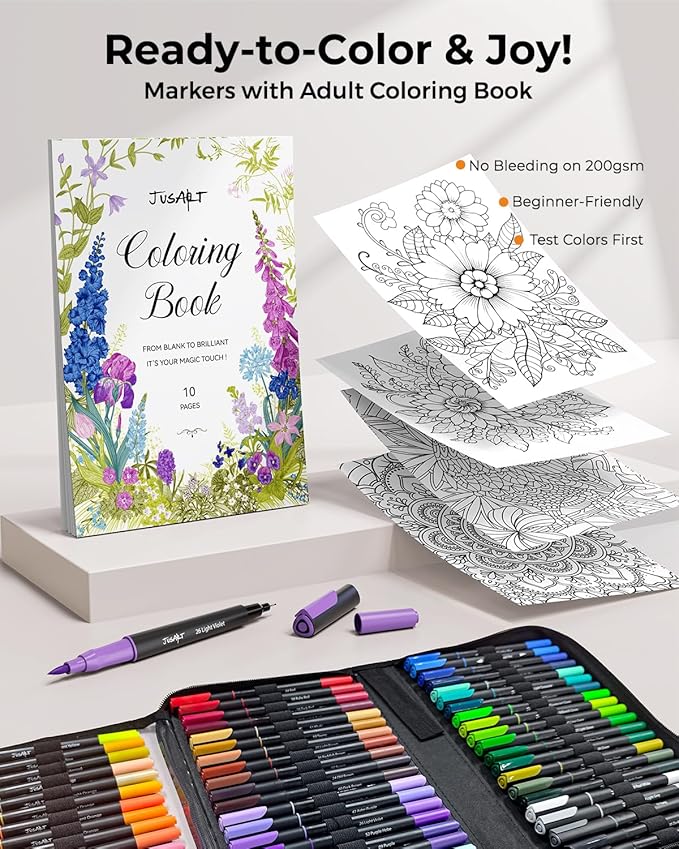 JusArt Markers for Adult Coloring Books No Bleeding, 60 Colors Coloring Markers with Dual Tips, Fine & Brush Pens with Ergonomic Triangle Grip & 33% More Ink, Water-Based Art Drawing Set for Adults