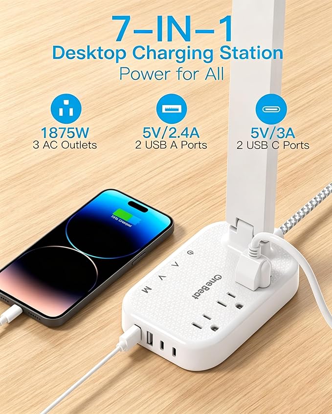 One Beat Small LED Desk Lamp Power Strip 10ft Extension Cord, 3 Outlets 4 USB Ports(2 USB C), 4 Modes, 5 Level Touch Lamp, Study Reading Light, Home Office Bedroom College Dorm Room Essentials, White