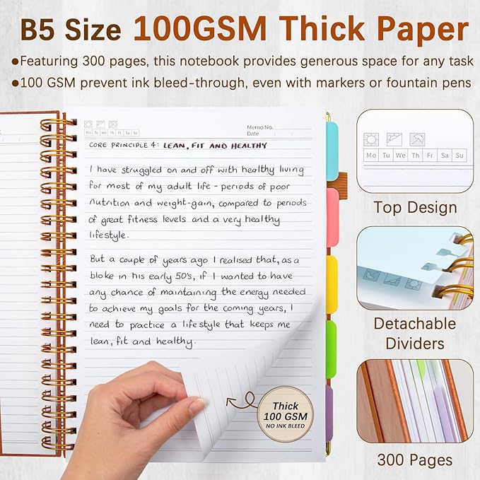 Hardcover Spiral Notebooks for Work 8''x 10'', 300 Pages 5 Subject Notebook with Dividers & Tabs, B5 Spiral Journal for Women, College Ruled Notebooks for School Note-Taking (Light Brown)
