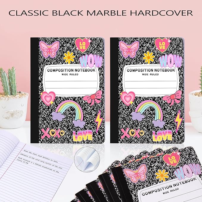 6 Pack Marble Composition Notebook Wide Ruled Preppy Composition Notebooks,Back to School Coquette Aesthetic Notebooks Perfect-bound 80 Pages (40 Sheets) 9.75x7.5 Inches