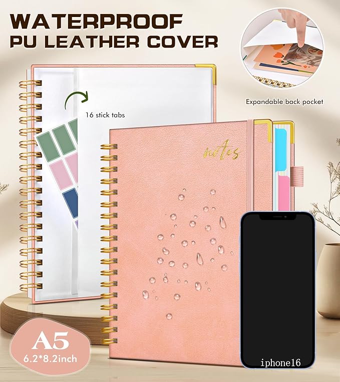 5 Subject Spiral Notebook Journal with Removable Dividers Tabs, 300 Pages Organizer Notebooks for Work School, A5 Hardcover Leather Notebook College Ruled, Lined Journal for Women Men，Pink