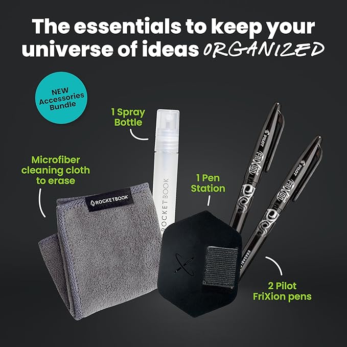 Rocketbook Accessory Kit – Complete Set with 2 FriXion Gel Pens, Spray Bottle, Microfiber Cloth & Pen Dock – Compatible with Rocketbook Notebooks & Planners for Effortless Organization Daily