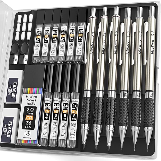 Nicpro 6PCS Art Mechanical Pencil Set, 3PCS Metal Drafting Pencil 0.5 mm & 0.7 mm & 0.9 mm & 3PCS 2mm Lead Pencil Holder (4B 2B HB 2H Colors) For Sketching Drawing With Lead Refills Erasers Case