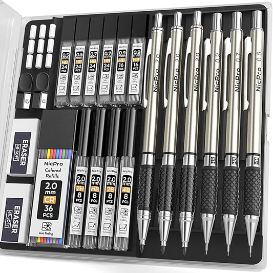 Nicpro 6PCS Art Mechanical Pencil Set, 3PCS Metal Drafting Pencil 0.5 mm & 0.7 mm & 0.9 mm & 3PCS 2mm Lead Pencil Holder (4B 2B HB 2H Colors) For Sketching Drawing With Lead Refills Erasers Case